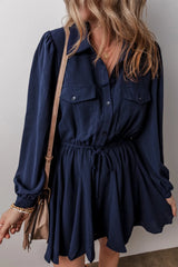 Drawstring Half Button Long Sleeve Dress