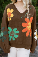 Flower V-Neck Dropped Shoulder Sweater