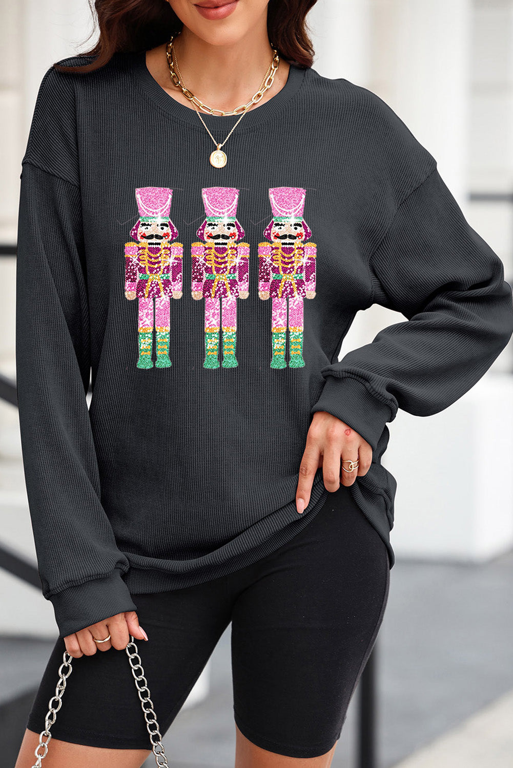 Sequin Nutcracker Round Neck Long Sleeve Sweatshirt