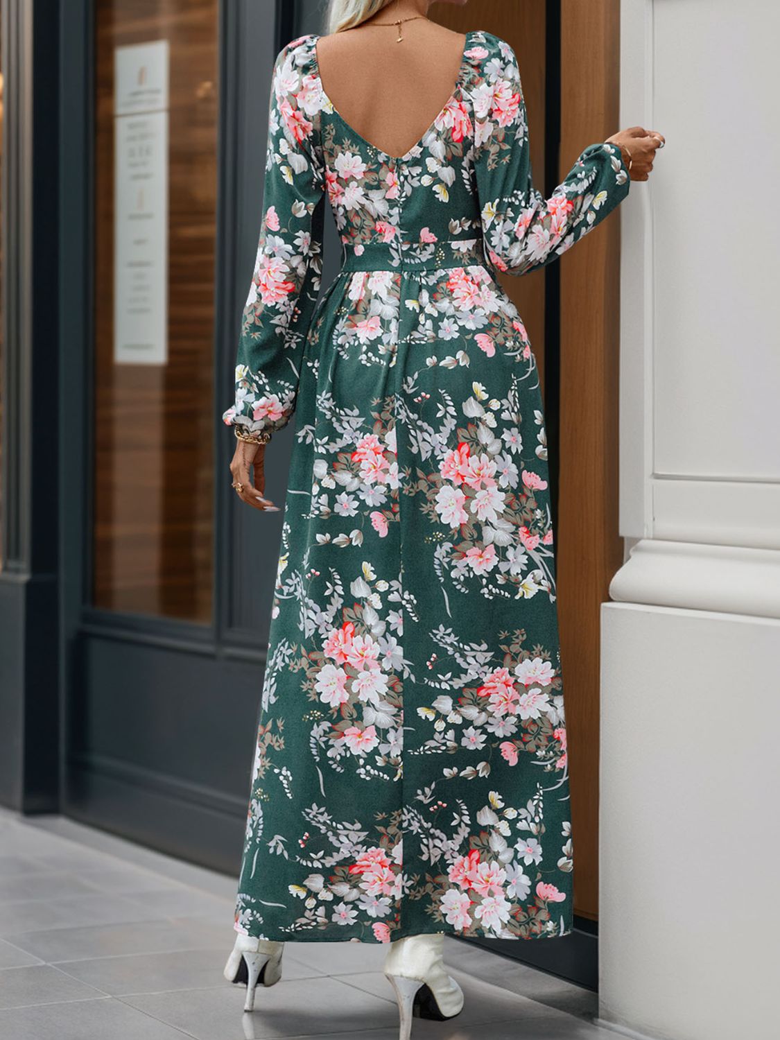 Perfee Slit Printed Surplice Long Sleeve Maxi Dress