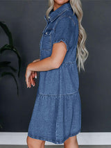 Pocketed Button Up Collared Neck Short Sleeve Denim Dress