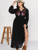 Plus Size Embroidered Tie Neck Long Sleeve Dress