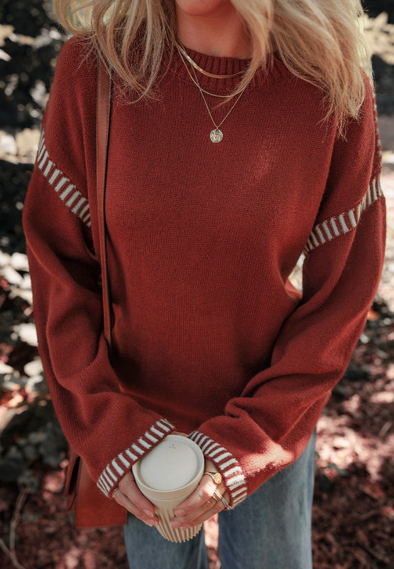 Striped Detail Round Neck Dropped Shoulder Sweater