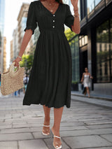 Perfee Ruched V-Neck Half Sleeve Midi Dress