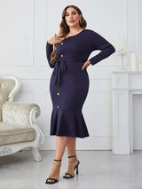 Honey Melo Apparel Plus Size Buttoned Round Neck Tie Belt Midi Dress