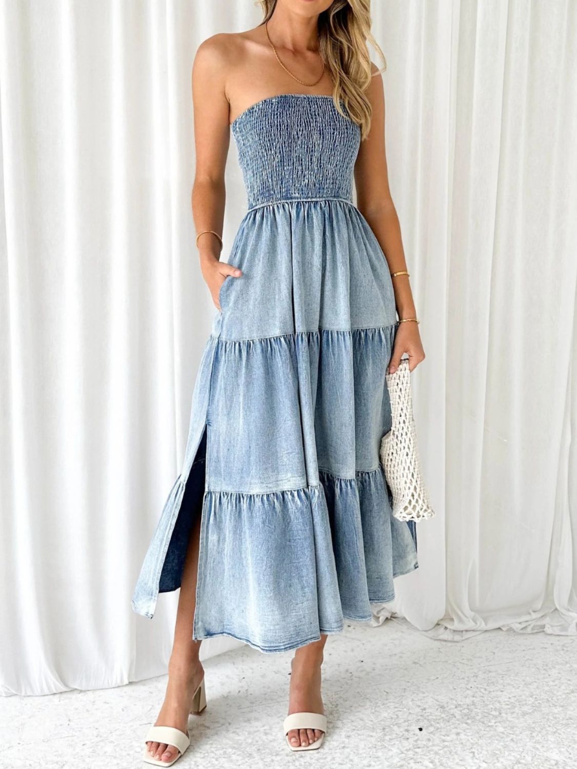 Slit Smocked Tube Tiered Denim Dress