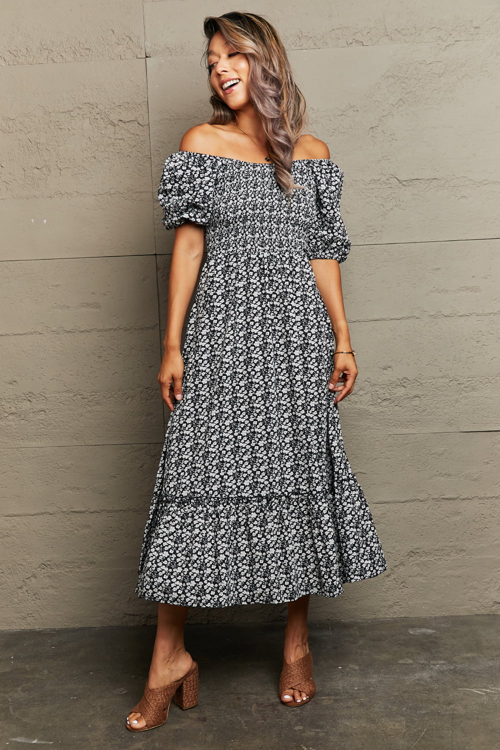 Perfee Floral Lace-Up Off-Shoulder Midi Dress