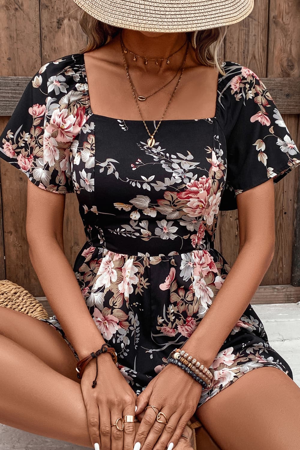 Honey Floral Cutout Tie Back Romper