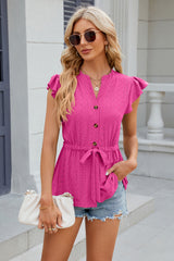 Eyelet Notched Cap Sleeve Blouse