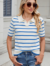 Striped Johnny Collar Short Sleeve Sweater