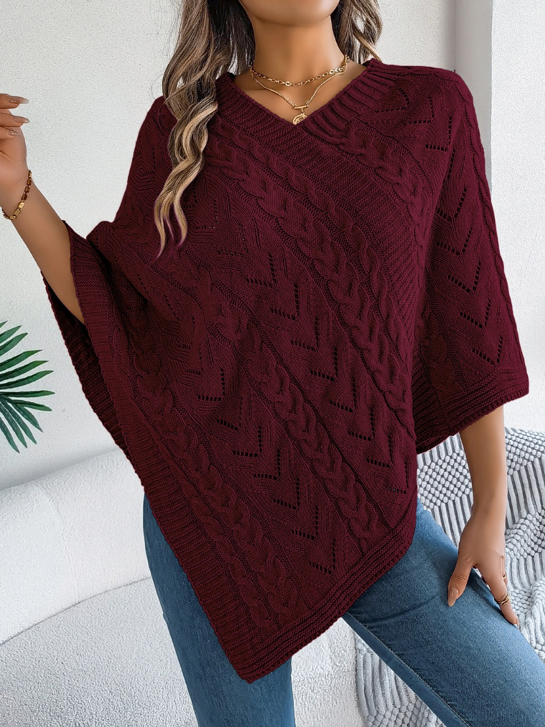 Cable-Knit Openwork Three-Quarter Sleeve Sweater