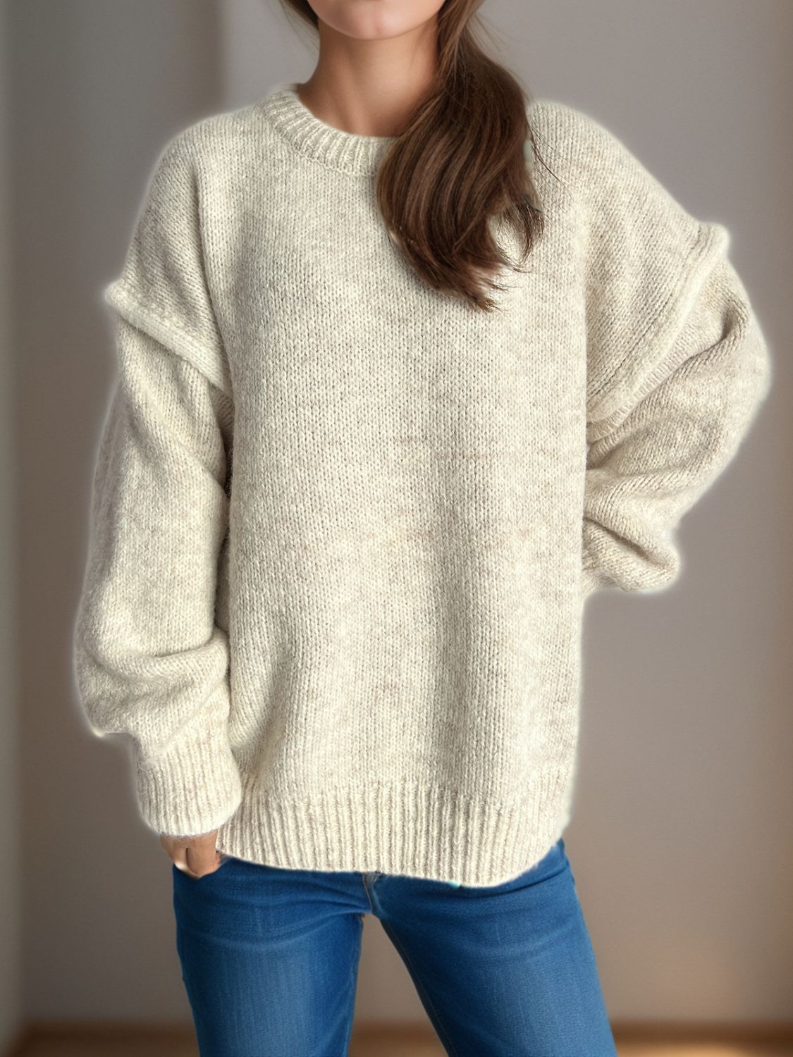 Contrast Trim Round Neck Dropped Shoulder Sweater