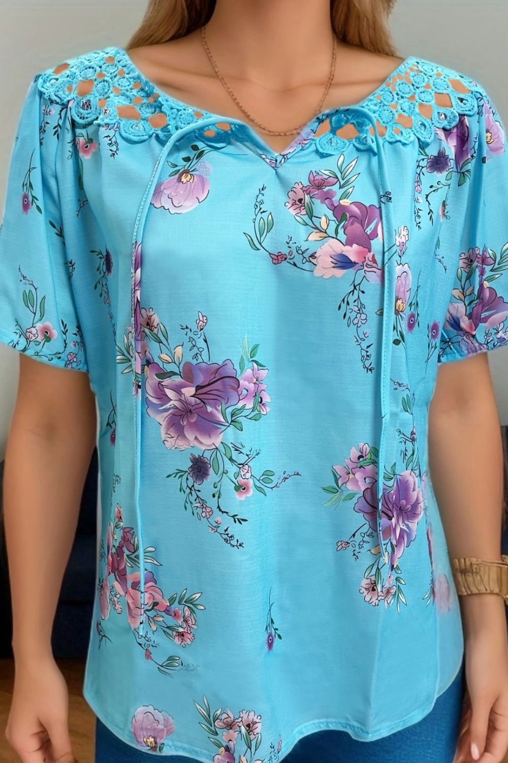 Full Size Printed Tie Neck Short Sleeve Blouse