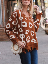 Leopard Frayed Hem Long Sleeve Sweater