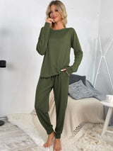 Shiny Round Neck Top and Drawstring Pants Lounge Set