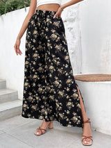 Perfee Floral Side Slit Wide Leg Pants