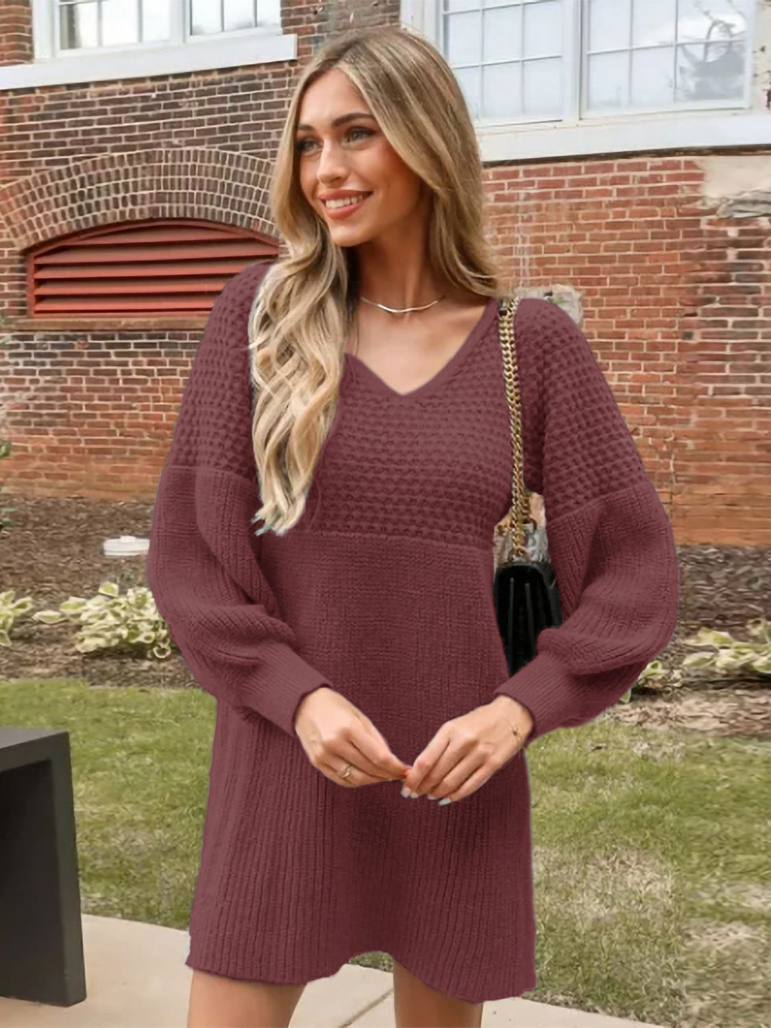 Perfee V-Neck Long Sleeve Sweater Dress