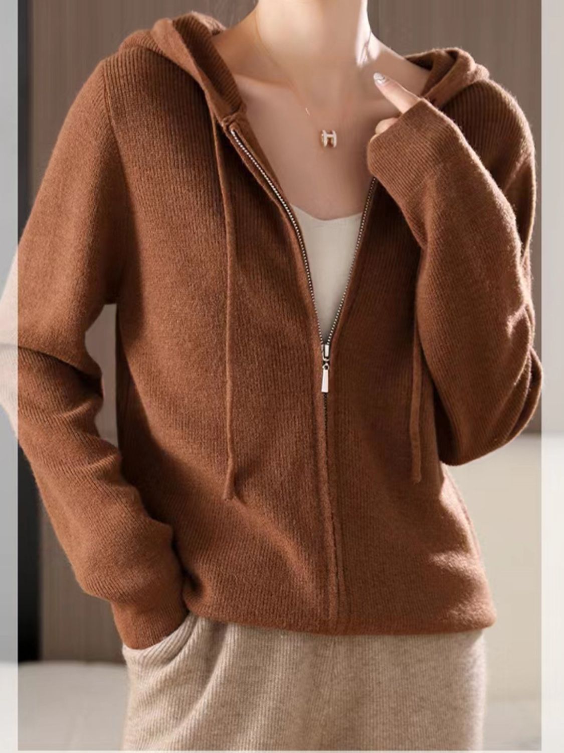 Drawstring Zip Up Long Sleeve Hooded Sweater