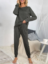 Shiny Round Neck Top and Drawstring Pants Lounge Set