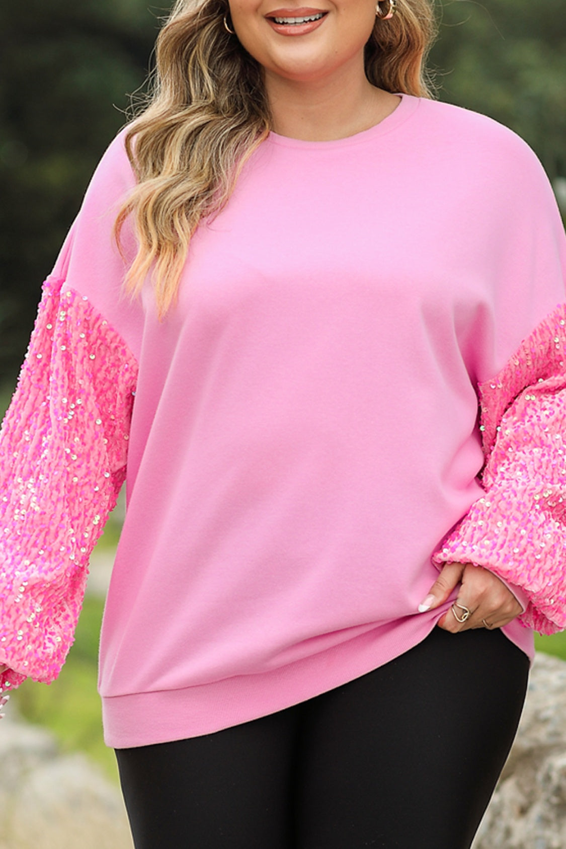 Plus Size Sequin Round Neck Dropped Shoulder Sweatshirt