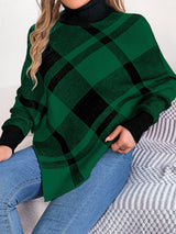 Plaid Turtleneck Batwing Sleeve Sweater