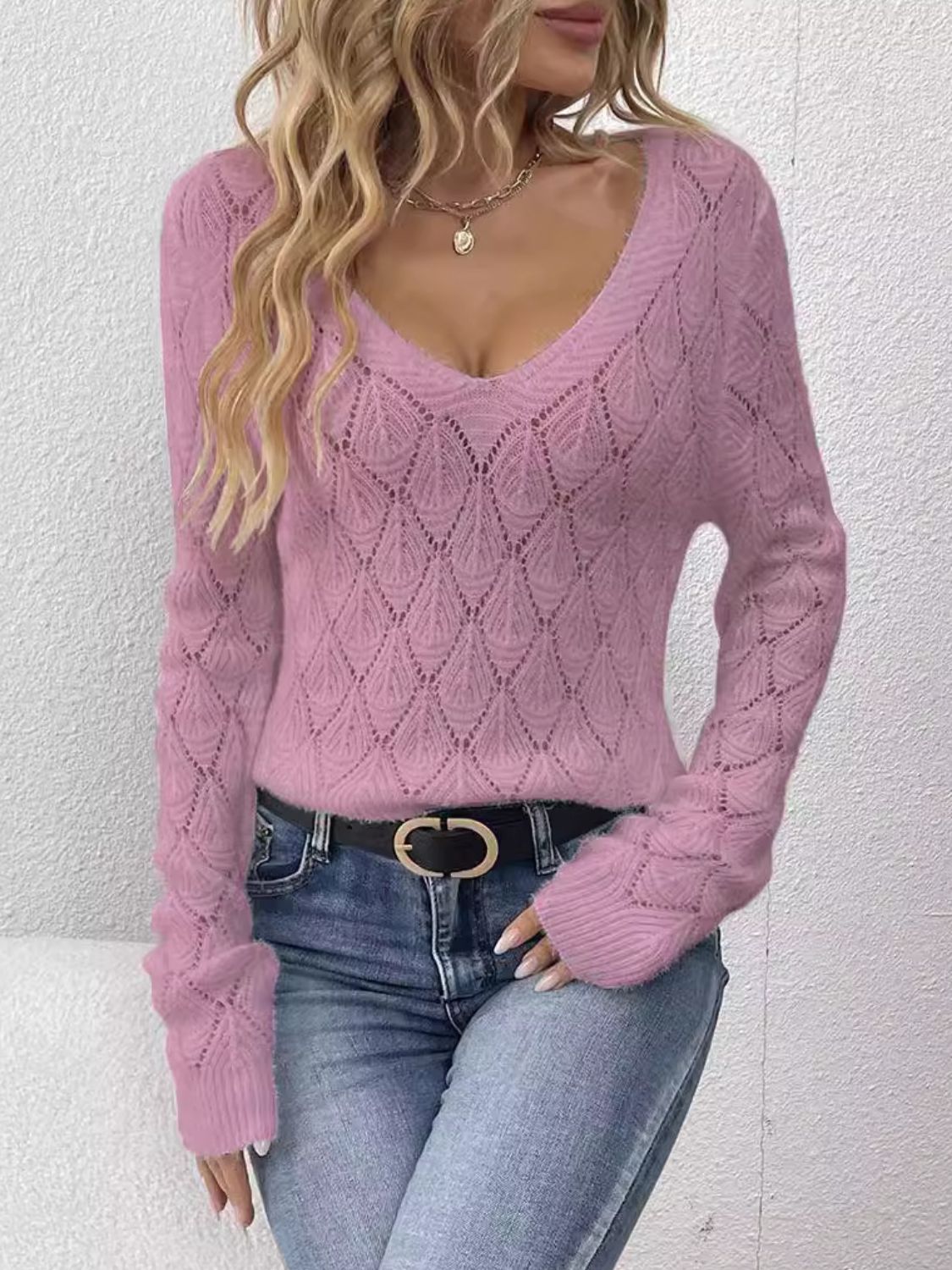 Openwork V-Neck Long Sleeve Sweater