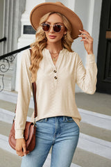 Notched Neck Long Sleeve Buttoned Blouse