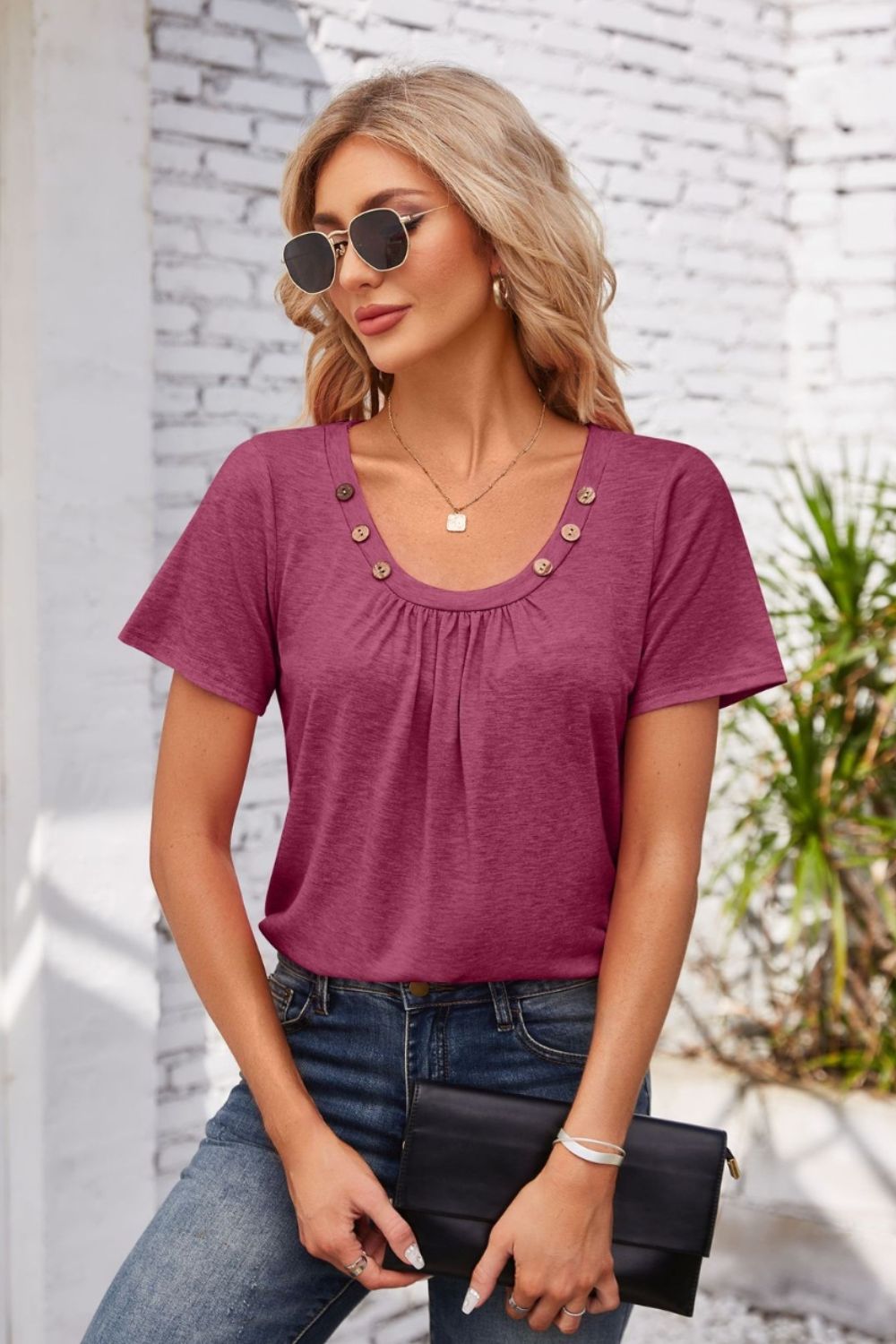 Decorative Button Scoop Neck T-Shirt