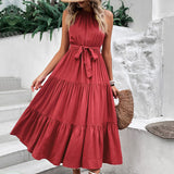 Perfee Tie Belt Tiered Midi Dress