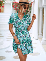 Floral Tie Neck Puff Sleeve Tiered Dress