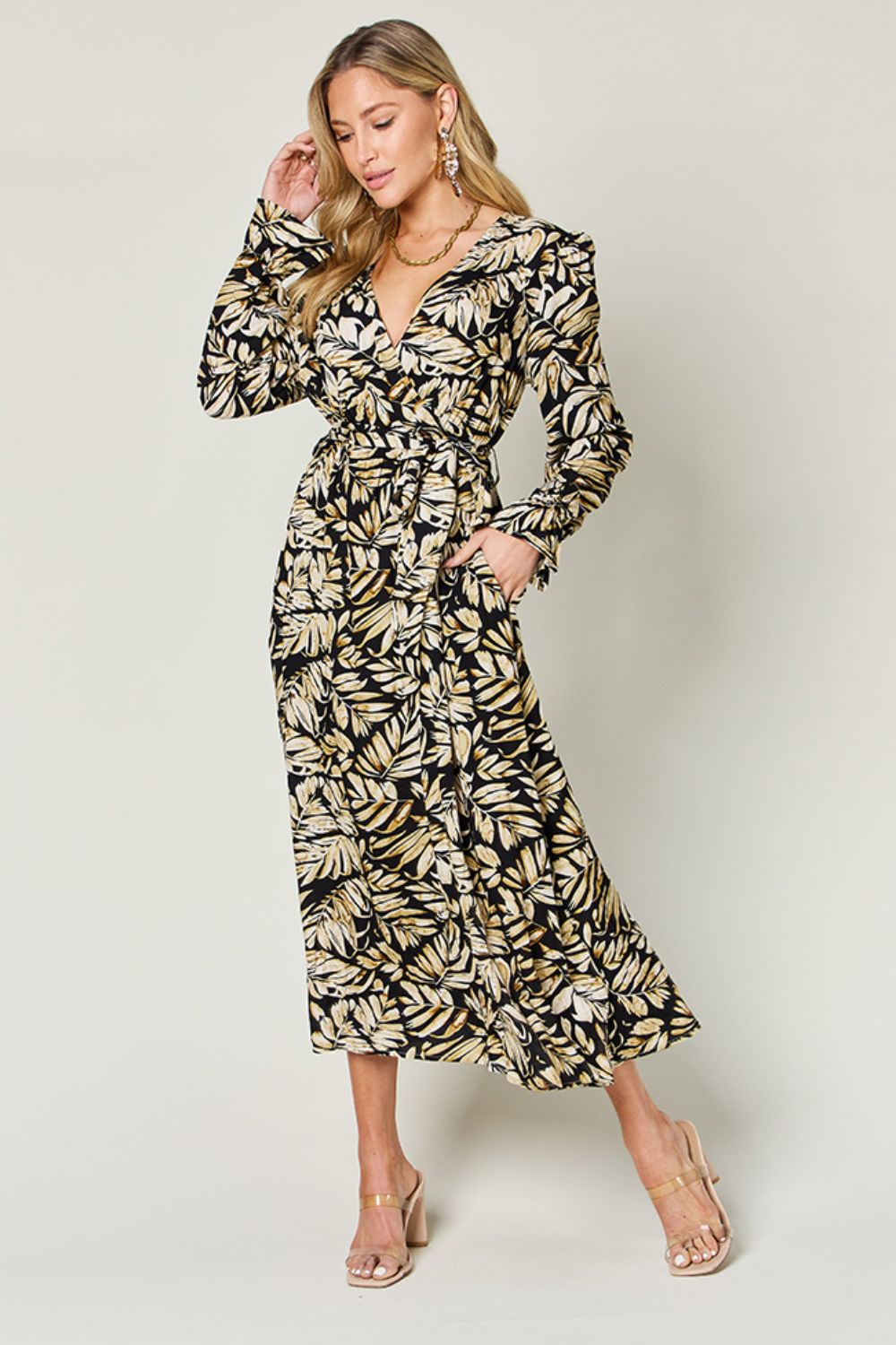 Double Take Full Size Tie Back Flounce Sleeve Dress