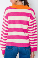 Contrast Stripes Johnny Collar Long Sleeve Sweater