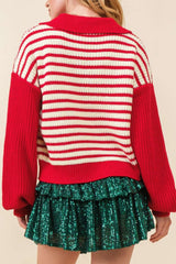 Striped Johnny Collar Long Sleeve Sweater