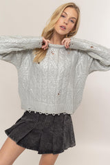 HYFVE Distressed Cable-Knit Round Neck Long Sleeve Sweater