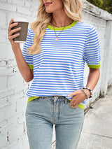 Lovelet Striped Contrast Round Neck Half Sleeve Knit Top