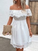 Shiny Ruched Lace Detail Off-Shoulder Dress