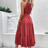 Perfee Tie Belt Tiered Midi Dress