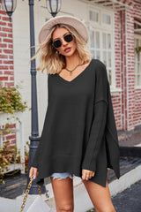 Slit V-Neck Dropped Shoulder Sweater