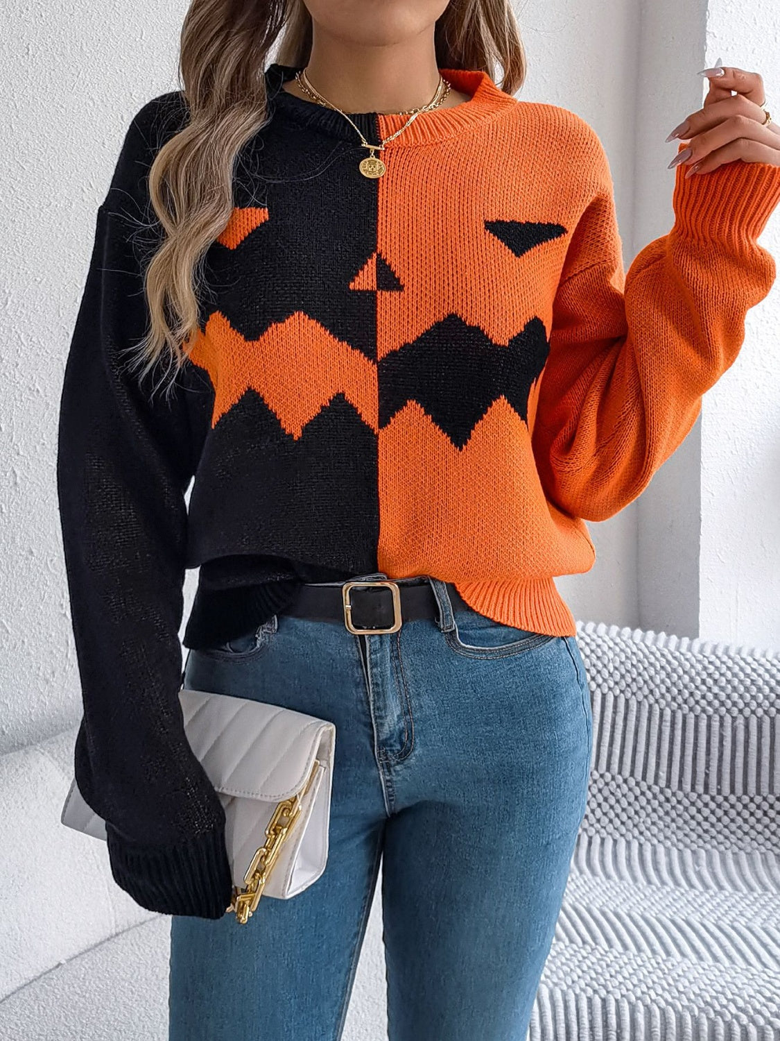 Contrast Round Neck Long Sleeve Sweater