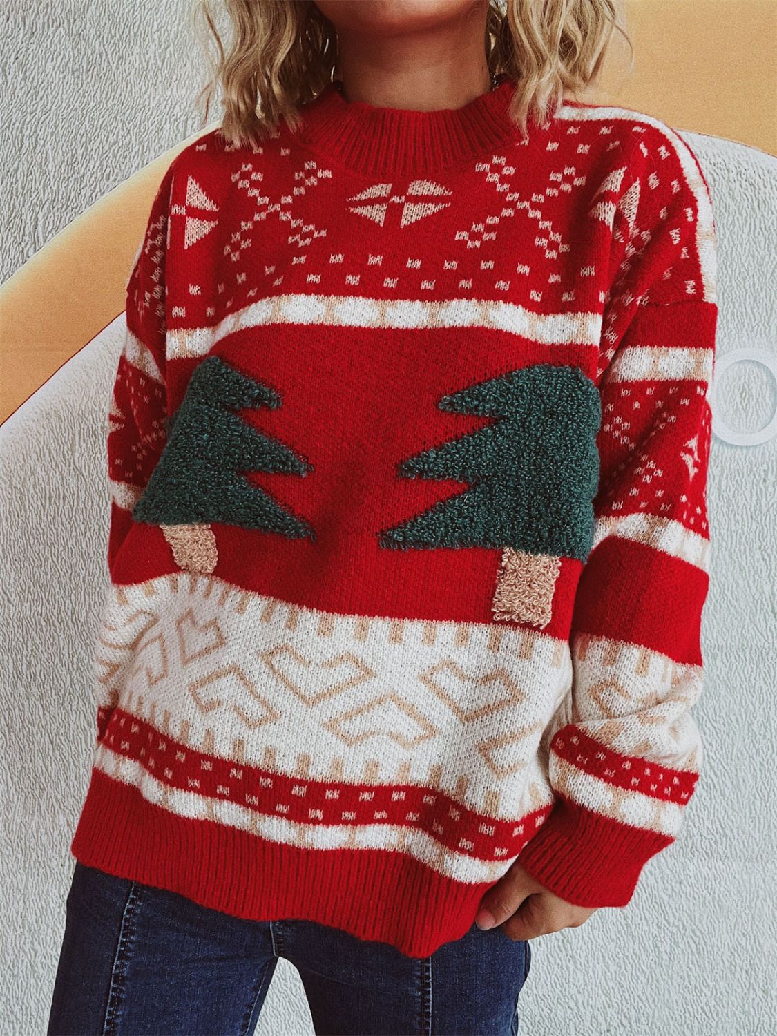 Christmas Tree Mock Neck Long Sleeve Sweater