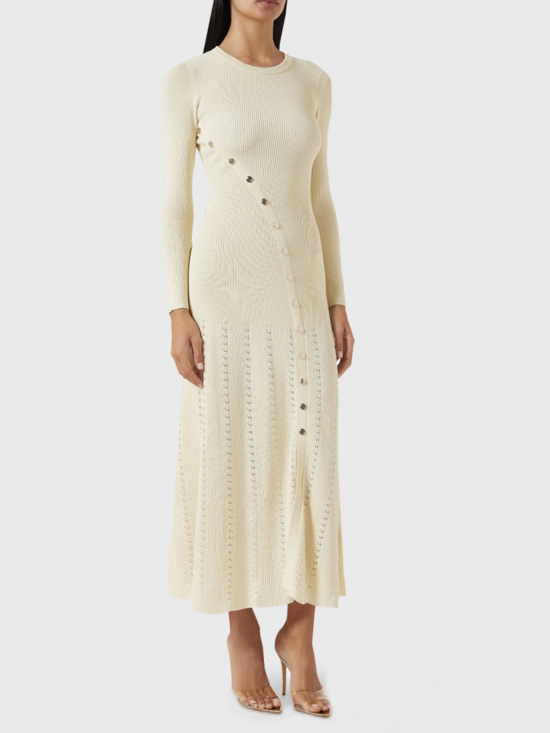 Openwork Round Neck Long Sleeve Sweater Dress