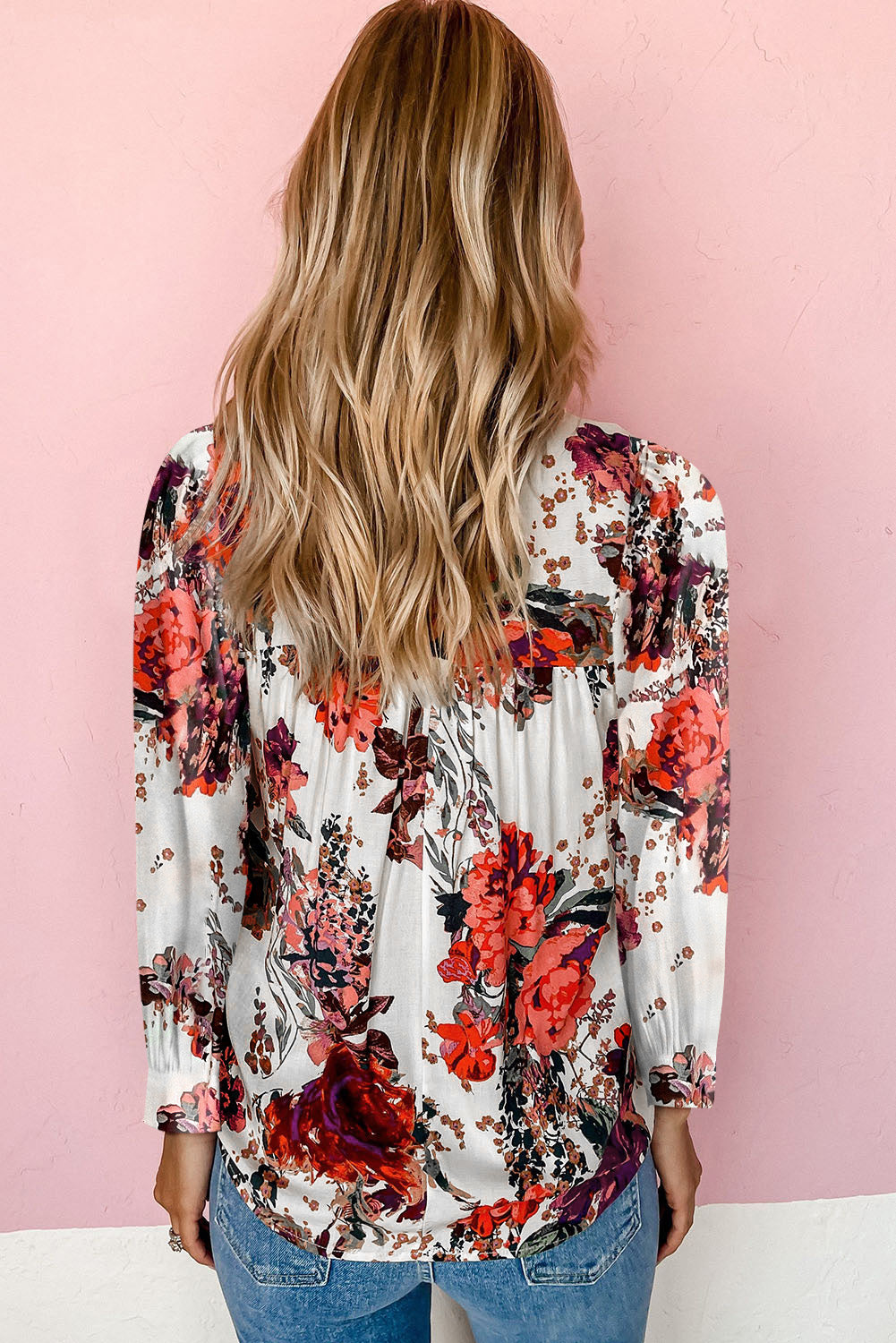 Floral Print Round Neck Long Sleeve Blouse