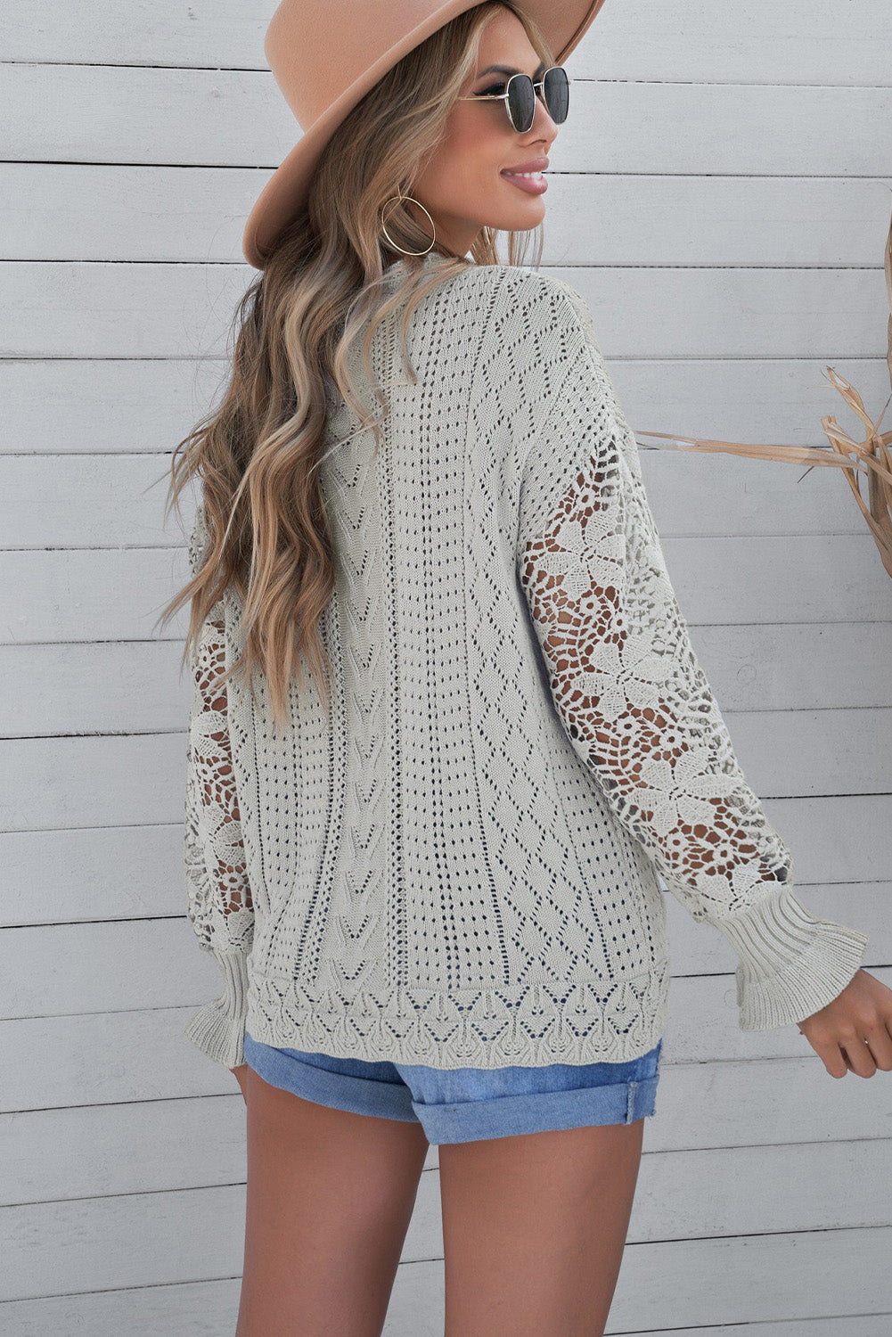 Openwork Lantern Sleeve Dropped Shoulder Sweater