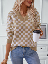 Checkered V-Neck Dropped Shoulder Sweater