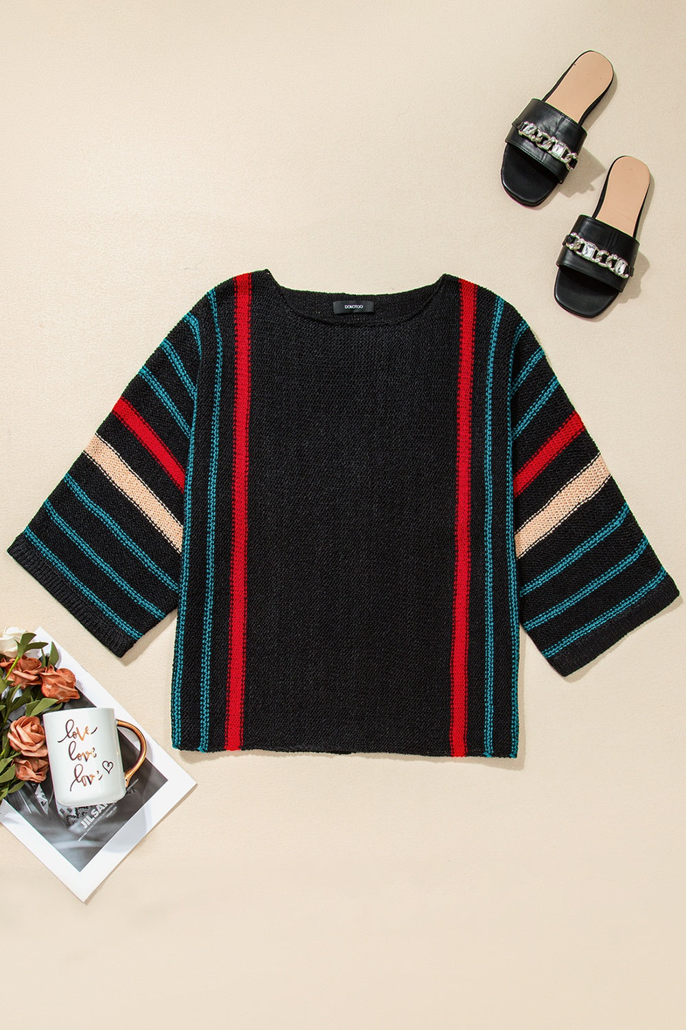 Striped Boat Neck Three-Quarter Sleeve Knit Top