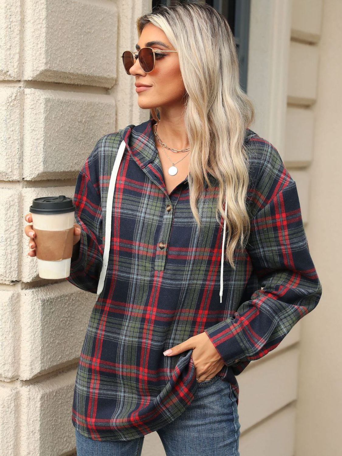 Drawstring Plaid Hooded Long Sleeve Top