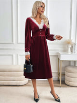 Perfee Lace Detail V-Neck Long Sleeve Midi Dress