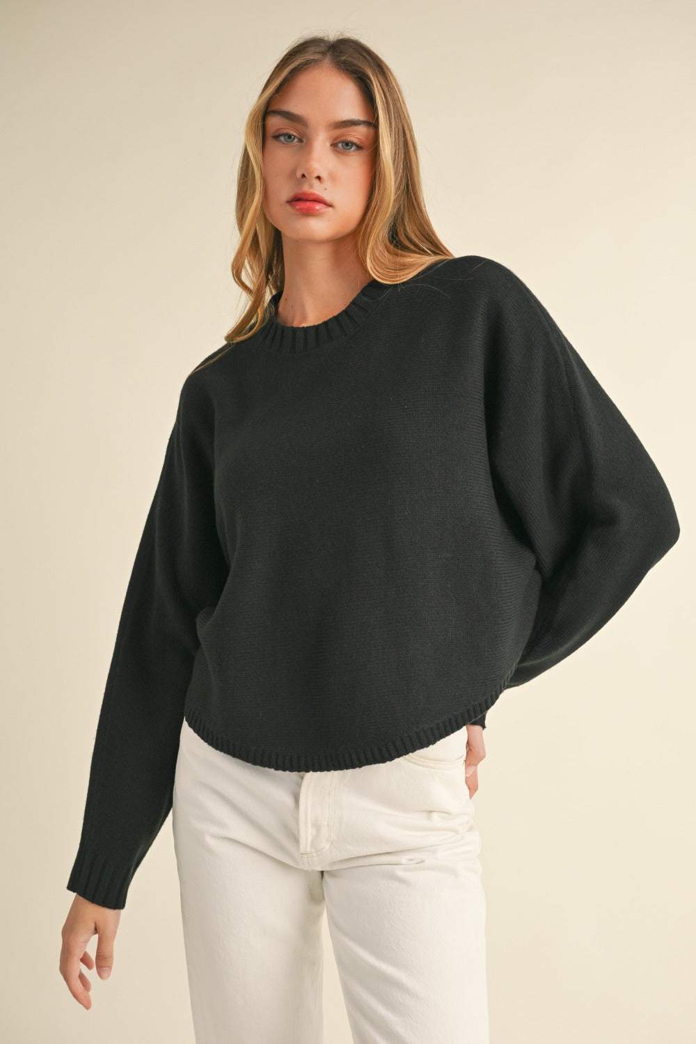 Mable Round Neck Dolman Sleeve Cropped Sweater