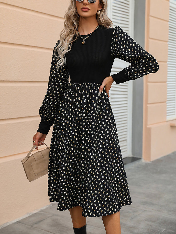 Honey Printed Round Neck Long Sleeve Dress