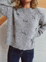 Bow Trim Round Neck Long Sleeve Sweater